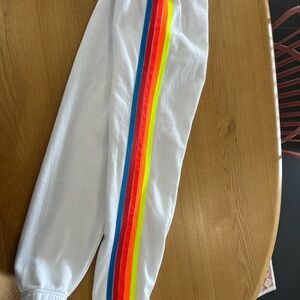 Aviator Nation White Joggers with Rainbow Stripes